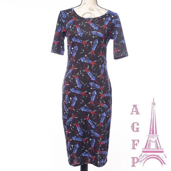 💖 2/$30 Lularoe Julia dress fireworks red blue Firecracker casual comfy size S - Picture 1 of 12
